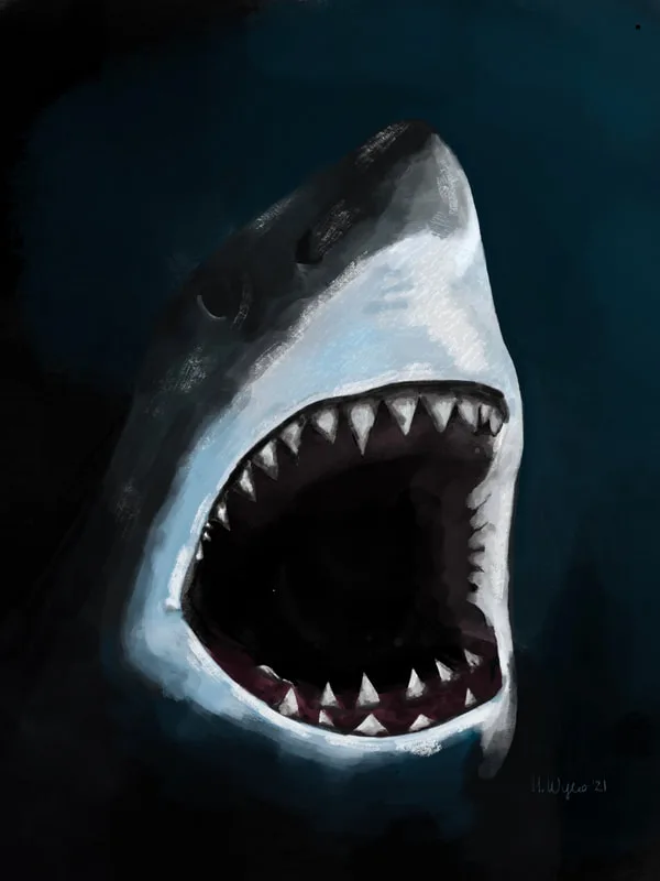 Great White Shark Painting, Digital Art, H Wylie Art